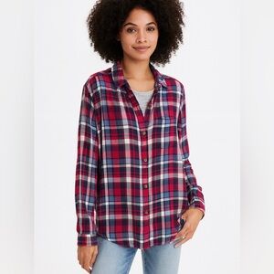 American Eagle Oversized Plaid Button-Down Shirt Women’s Small Red/Blue